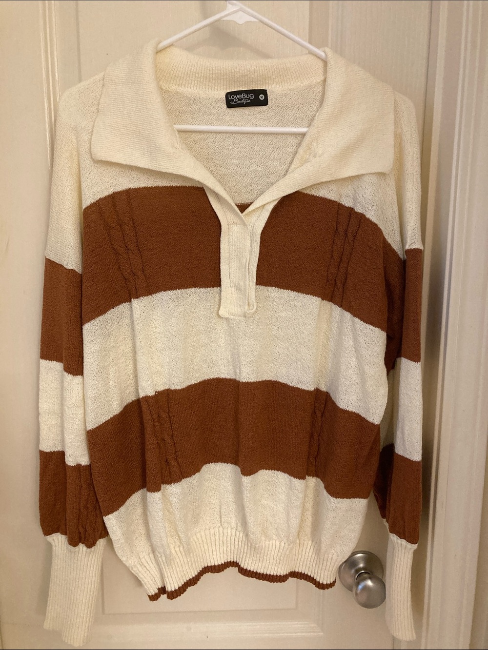 Love Cream & Brown Striped Collared Sweater